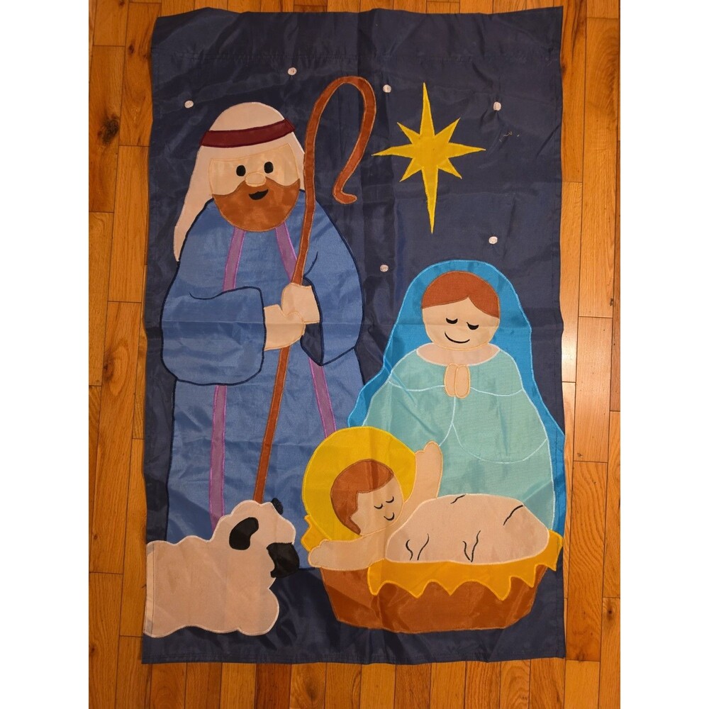 Vintage Nativity Scene Christmas Outdoor Flag 27.5”x43” Mary Joseph Baby Jesus